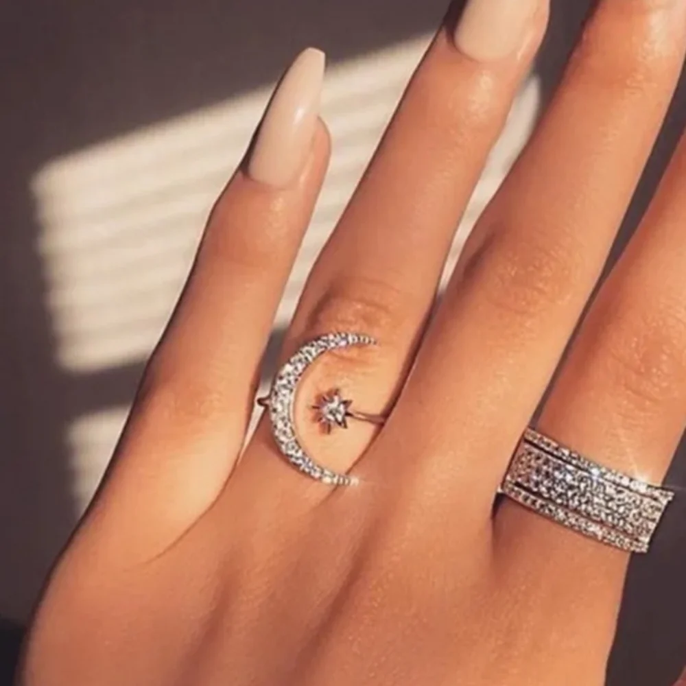 Moon Star Ring Silver Tone Rhinestone Adjustable